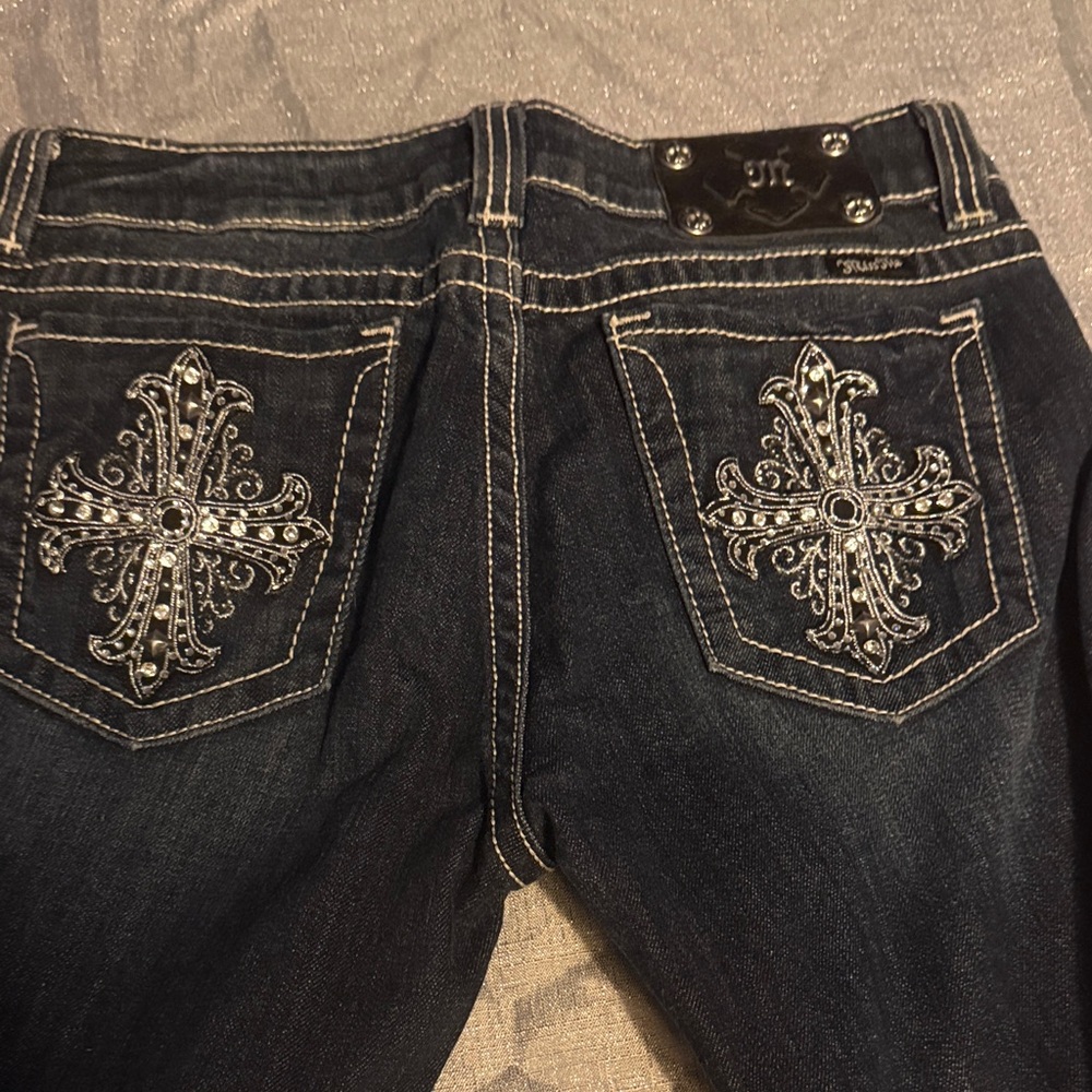 Miss Me Dark Blue Flare Jeans with Silver Embellishments
